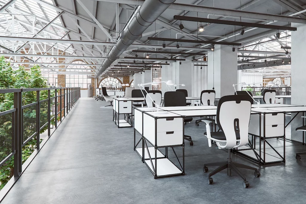 office co-working space, desks and chairs, meet new people at work, collaboration, investment opportunities, faster work, socializing at work, greener future, sharing economy